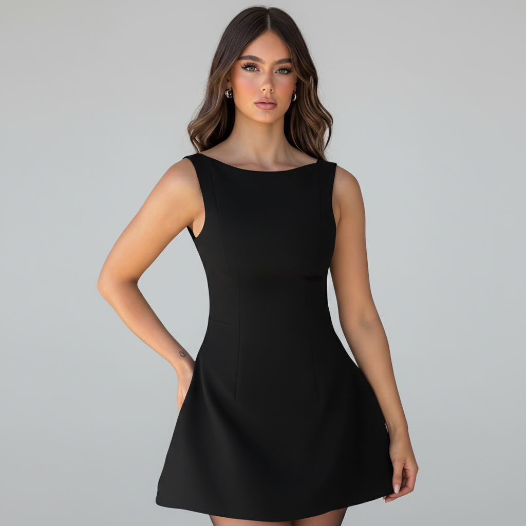 Boat Neck A-Line Mini Dress in Lightweight Fabric for Casual Wear and Summer Events
