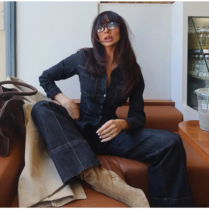 Button-Up Denim Set for Women - Casual Style, Comfortable Fit, Versatile Outfit for Everyday Wear