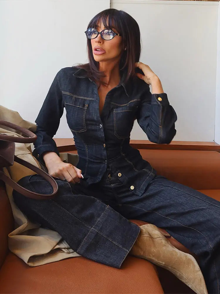 Button-Up Denim Set for Women - Casual Style, Comfortable Fit, Versatile Outfit for Everyday Wear