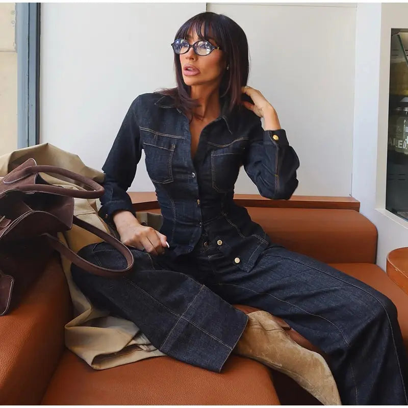 Button-Up Denim Set for Women - Casual Style, Comfortable Fit, Versatile Outfit for Everyday Wear