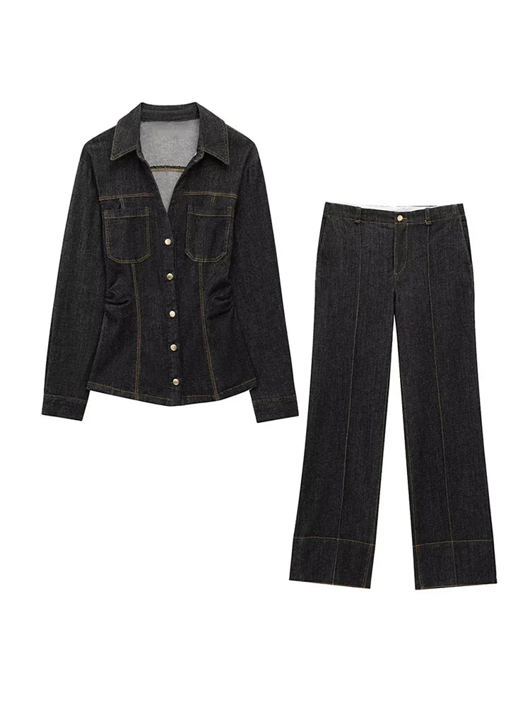 Button-Up Denim Set for Women - Casual Style, Comfortable Fit, Versatile Outfit for Everyday Wear