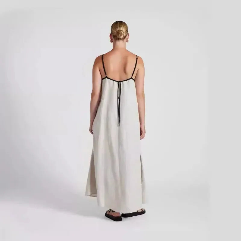 Cotton Maxi Dress for Women with Contrast Straps - Casual Summer Wear, Comfortable Fit, Versatile Style