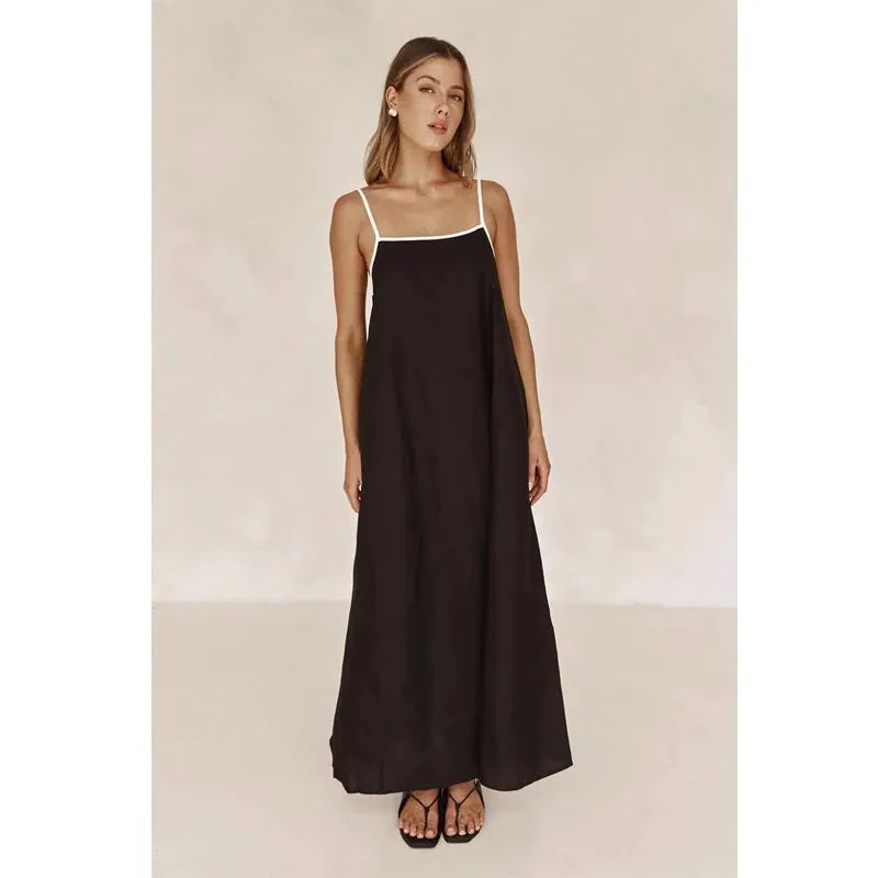 Cotton Maxi Dress for Women with Contrast Straps - Casual Summer Wear, Comfortable Fit, Versatile Style
