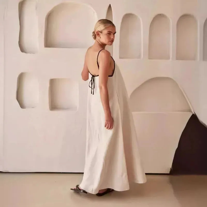 Cotton Maxi Dress for Women with Contrast Straps - Casual Summer Wear, Comfortable Fit, Versatile Style