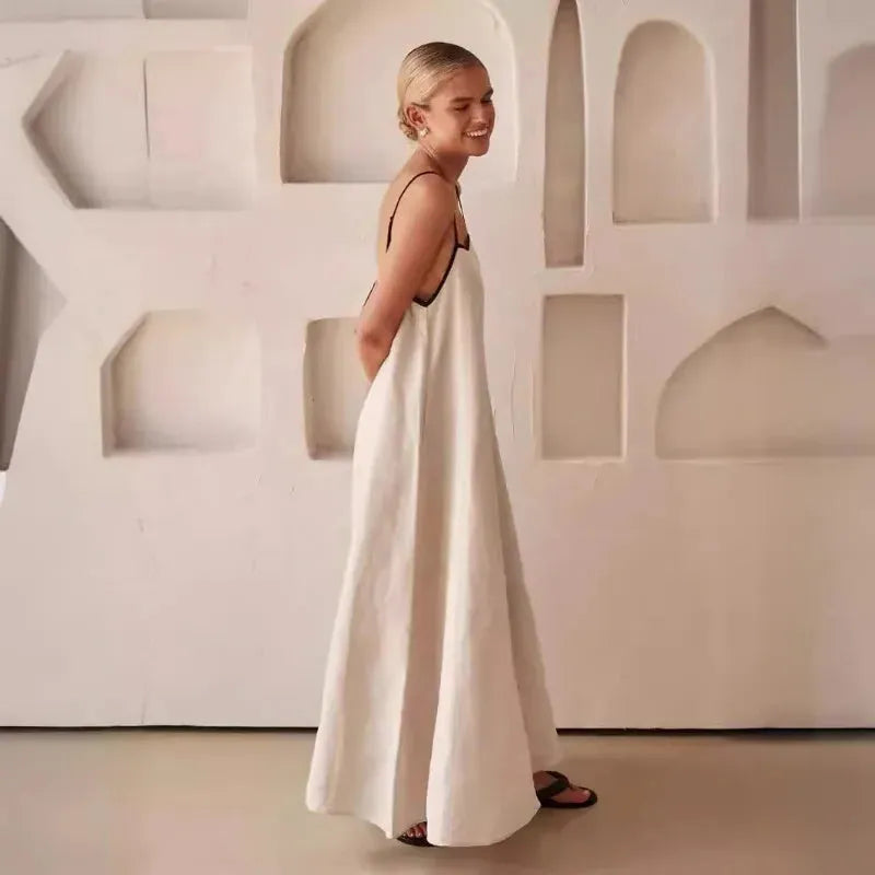 Cotton Maxi Dress for Women with Contrast Straps - Casual Summer Wear, Comfortable Fit, Versatile Style