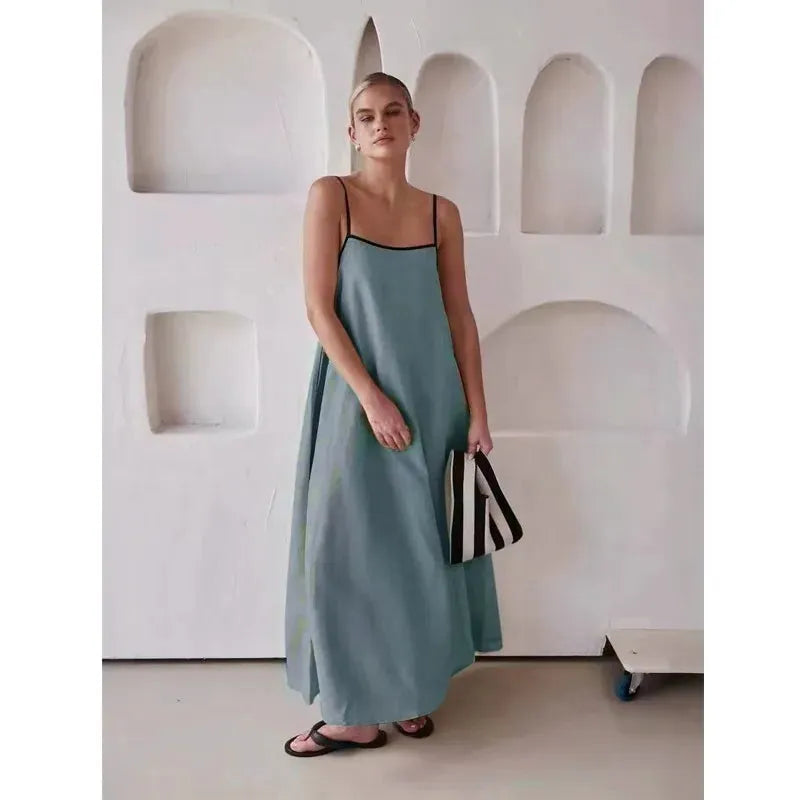 Cotton Maxi Dress for Women with Contrast Straps - Casual Summer Wear, Comfortable Fit, Versatile Style