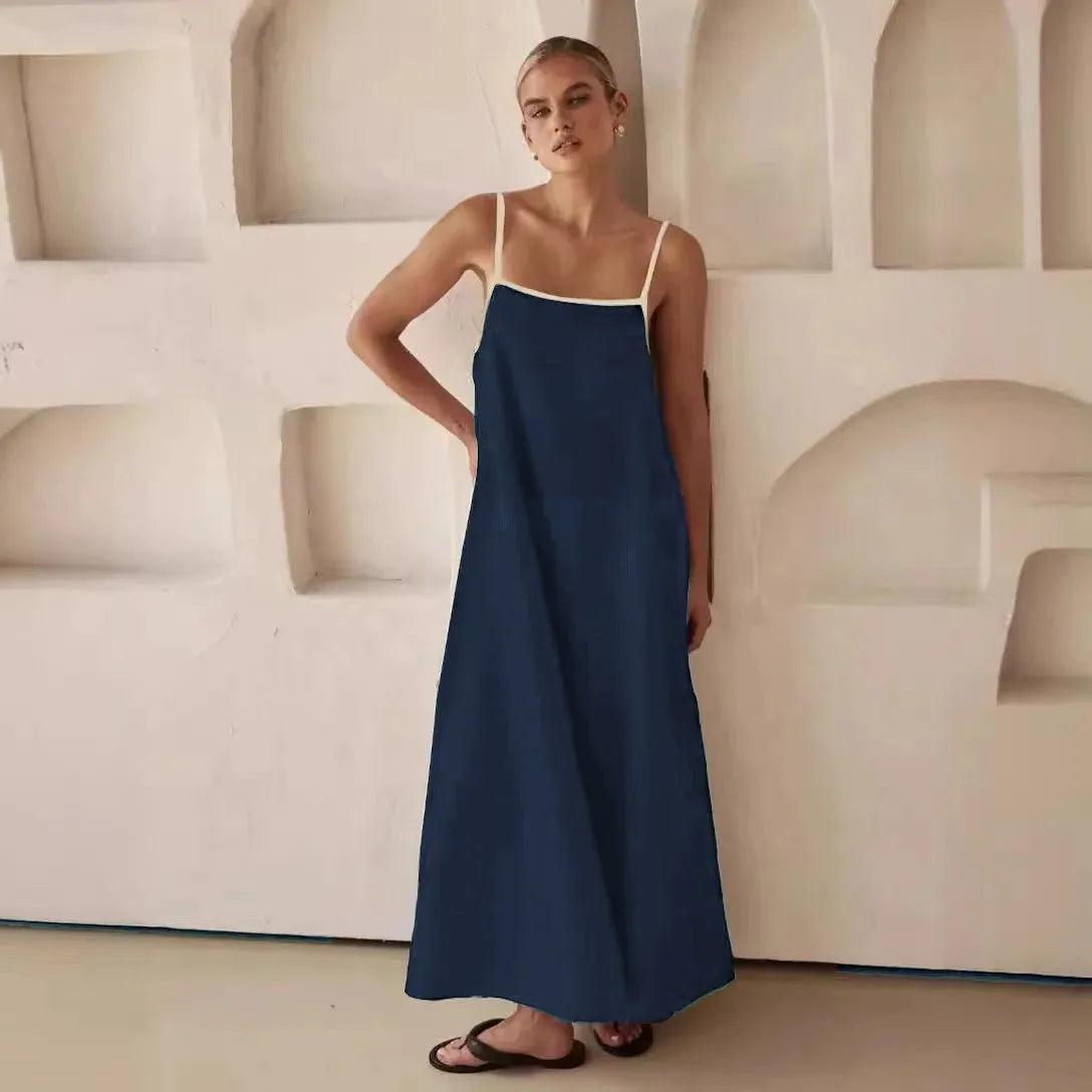 Cotton Maxi Dress for Women with Contrast Straps - Casual Summer Wear, Comfortable Fit, Versatile Style