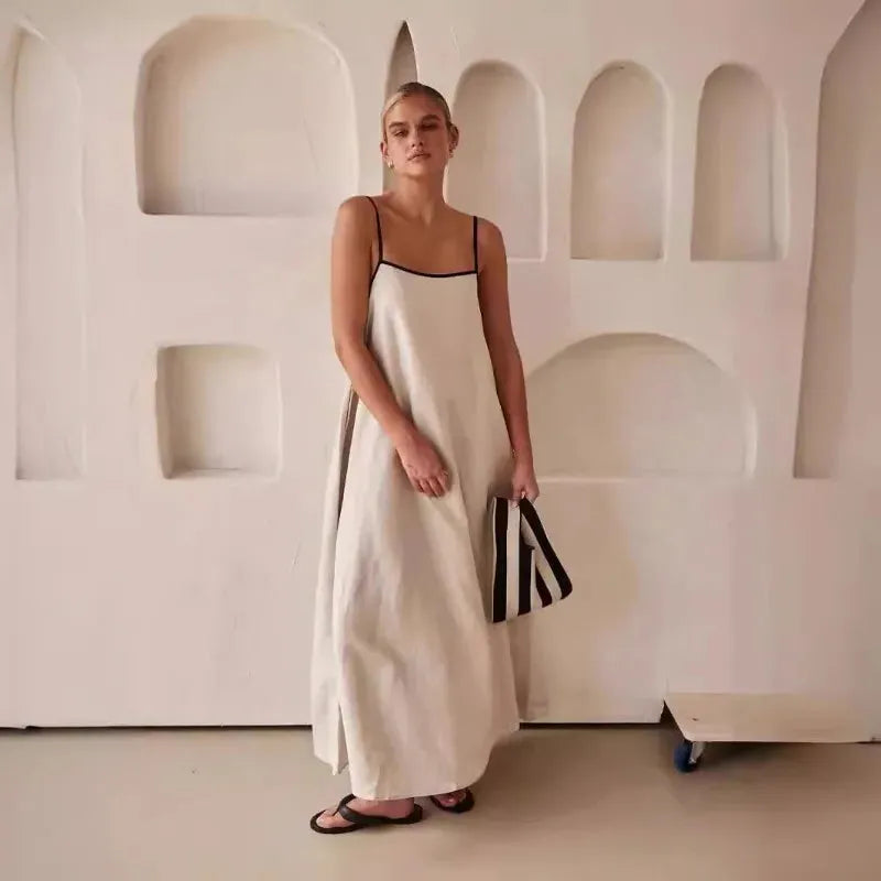 Cotton Maxi Dress for Women with Contrast Straps - Casual Summer Wear, Comfortable Fit, Versatile Style