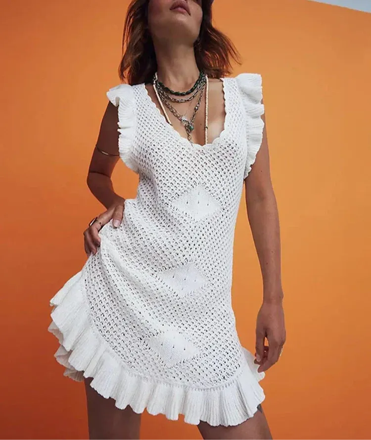 Crochet Mini Beach Dress for Women - Lightweight Summer Cover-Up - Perfect for Vacation and Poolside Wear