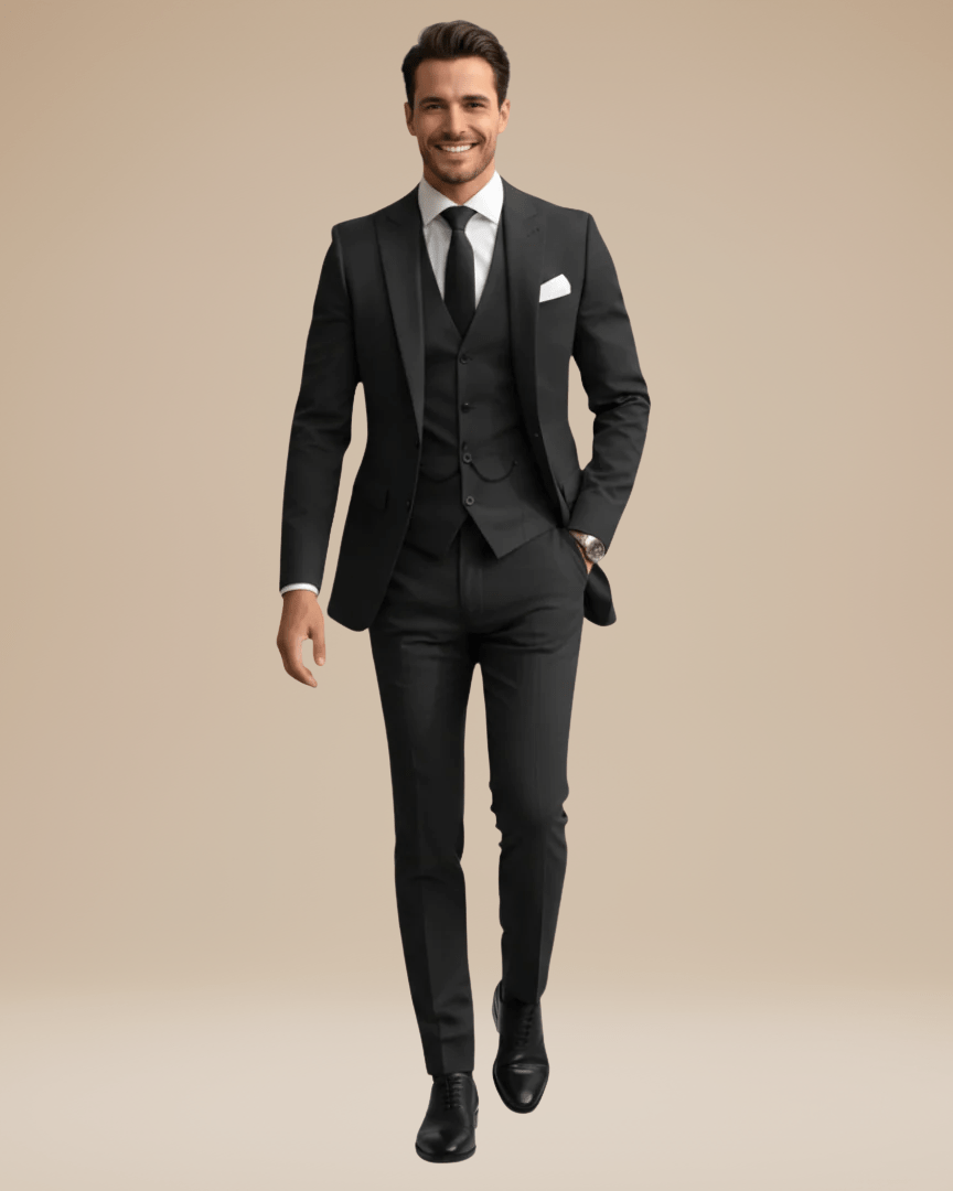 Custom Tailored Men's Three-Piece Suit in Soft Stretch Wool - Elegant Formal Wear with Regular Fit