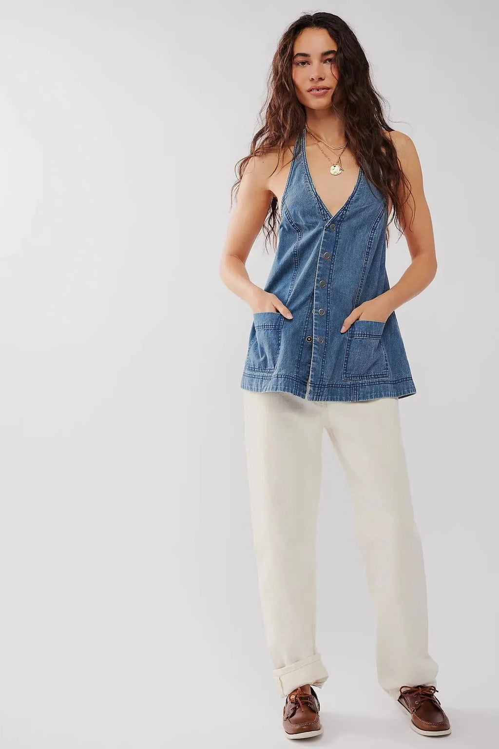Deep Denim Halter Top - Women's Casual Sleeveless Shirt for Summer Wear