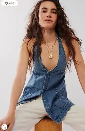 Deep Denim Halter Top - Women's Casual Sleeveless Shirt for Summer Wear