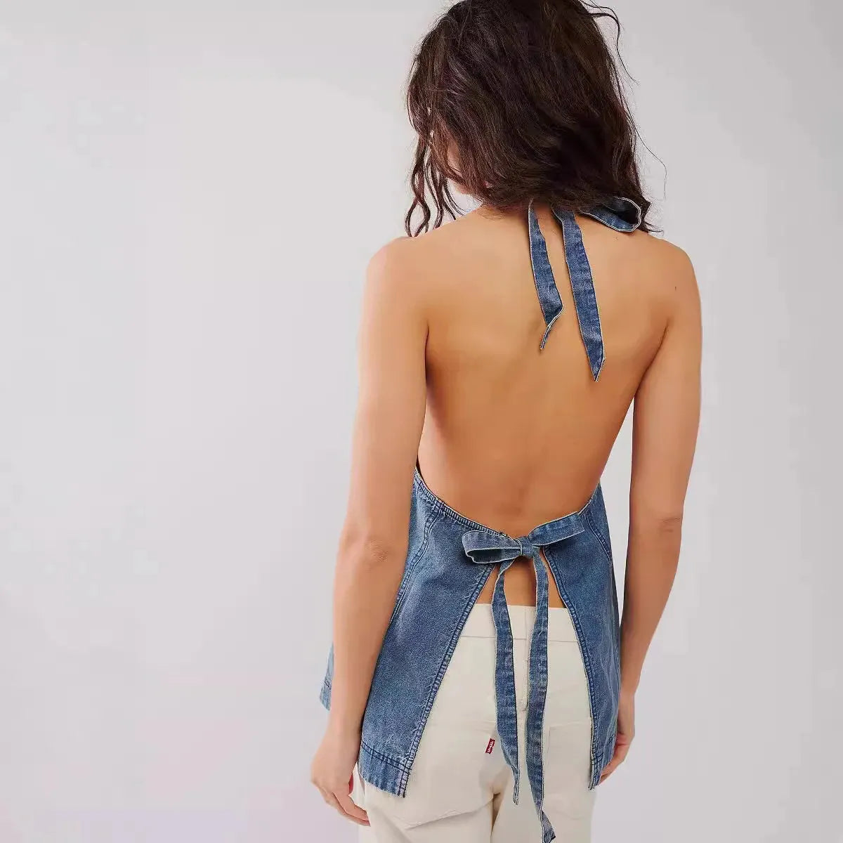 Deep Denim Halter Top - Women's Casual Sleeveless Shirt for Summer Wear