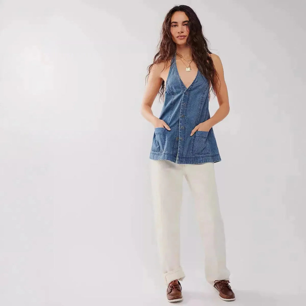 Deep Denim Halter Top - Women's Casual Sleeveless Shirt for Summer Wear
