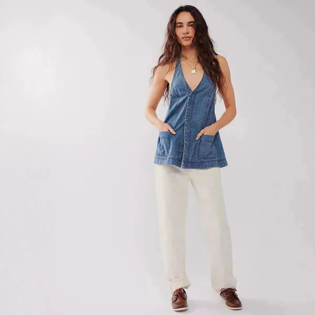 Deep Denim Halter Top - Women's Casual Sleeveless Shirt for Summer Wear