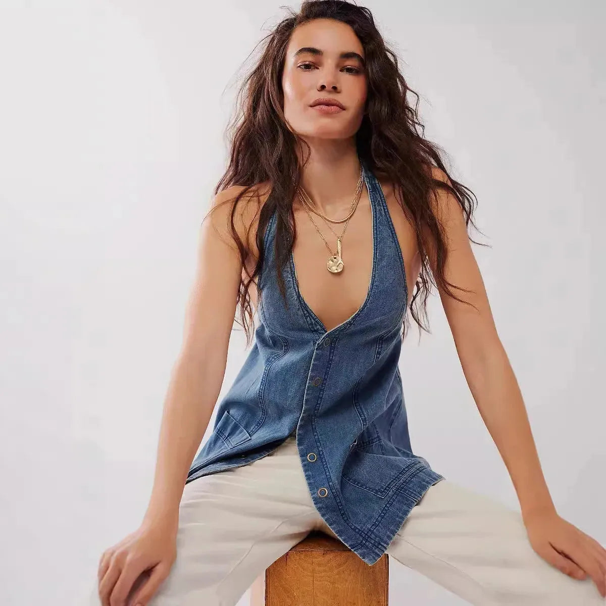 Deep Denim Halter Top - Women's Casual Sleeveless Shirt for Summer Wear