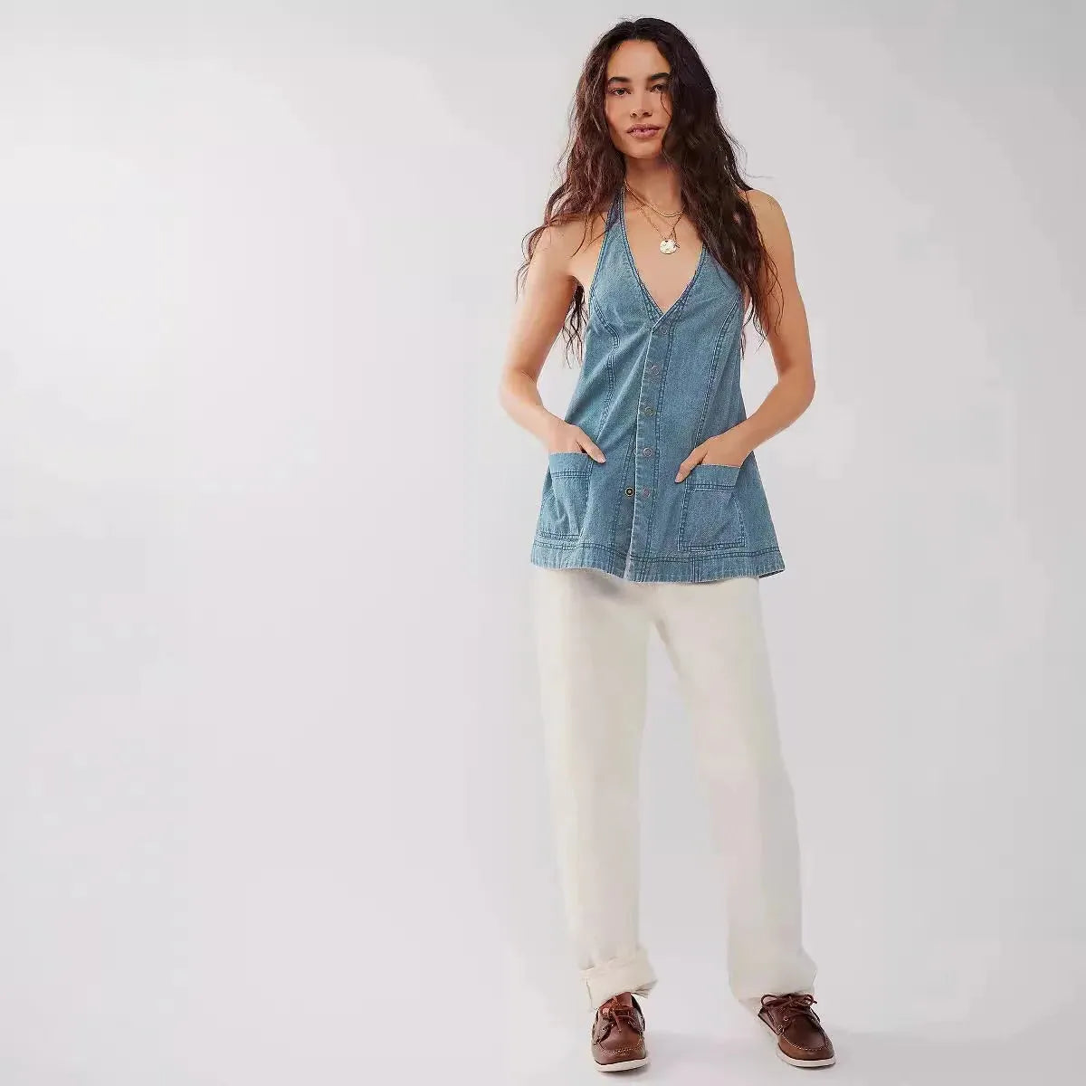 Deep Denim Halter Top - Women's Casual Sleeveless Shirt for Summer Wear