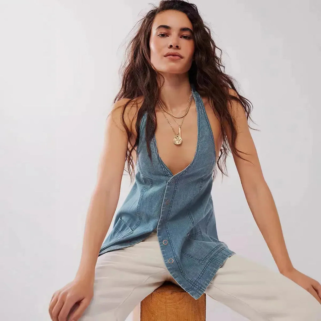 Deep Denim Halter Top - Women's Casual Sleeveless Shirt for Summer Wear