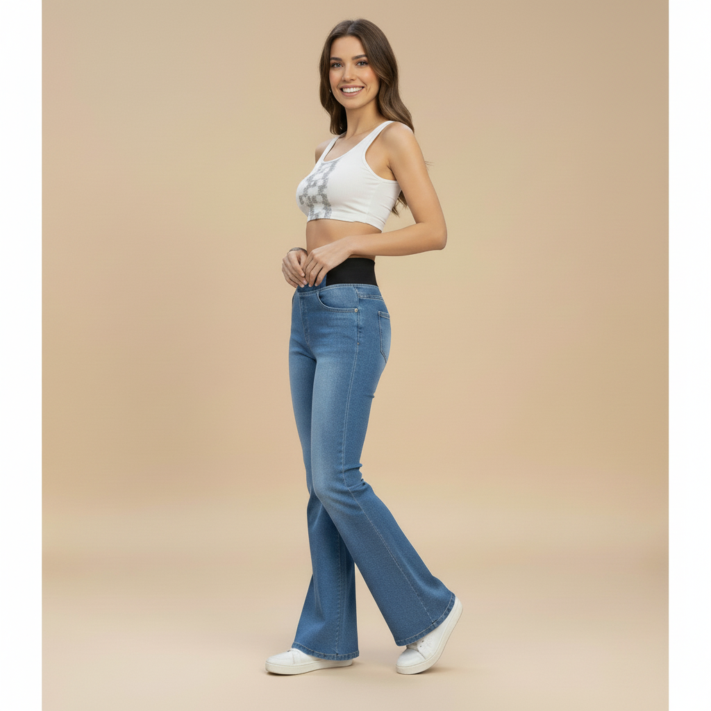 Elastic Waist Bell Bottom Jeans for Women - Comfortable Denim Flare Pants for Casual Wear