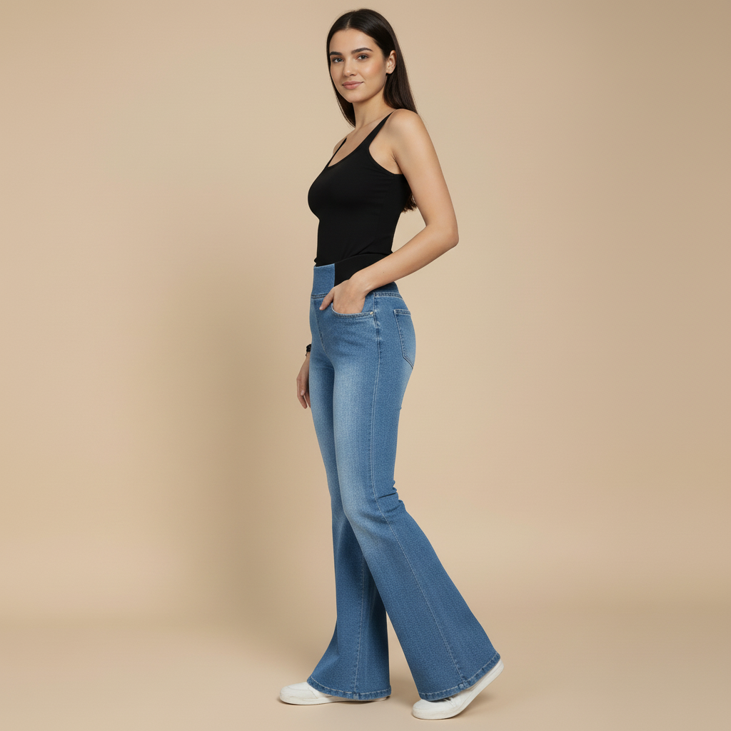 Elastic Waist Bell Bottom Jeans for Women - Comfortable Denim Flare Pants for Casual Wear