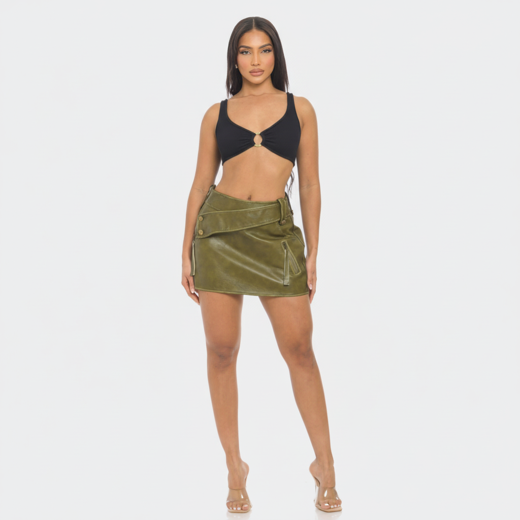 Faux Leather Mini Skirt with Strap Detail - Stylish Women's Casual Skirt for Everyday Wear
