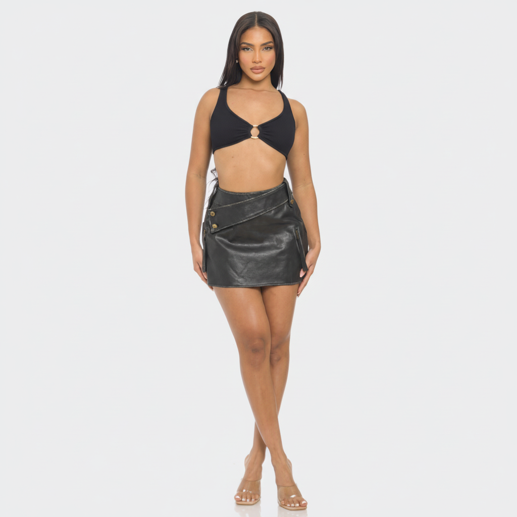 Faux Leather Mini Skirt with Strap Detail - Stylish Women's Casual Skirt for Everyday Wear