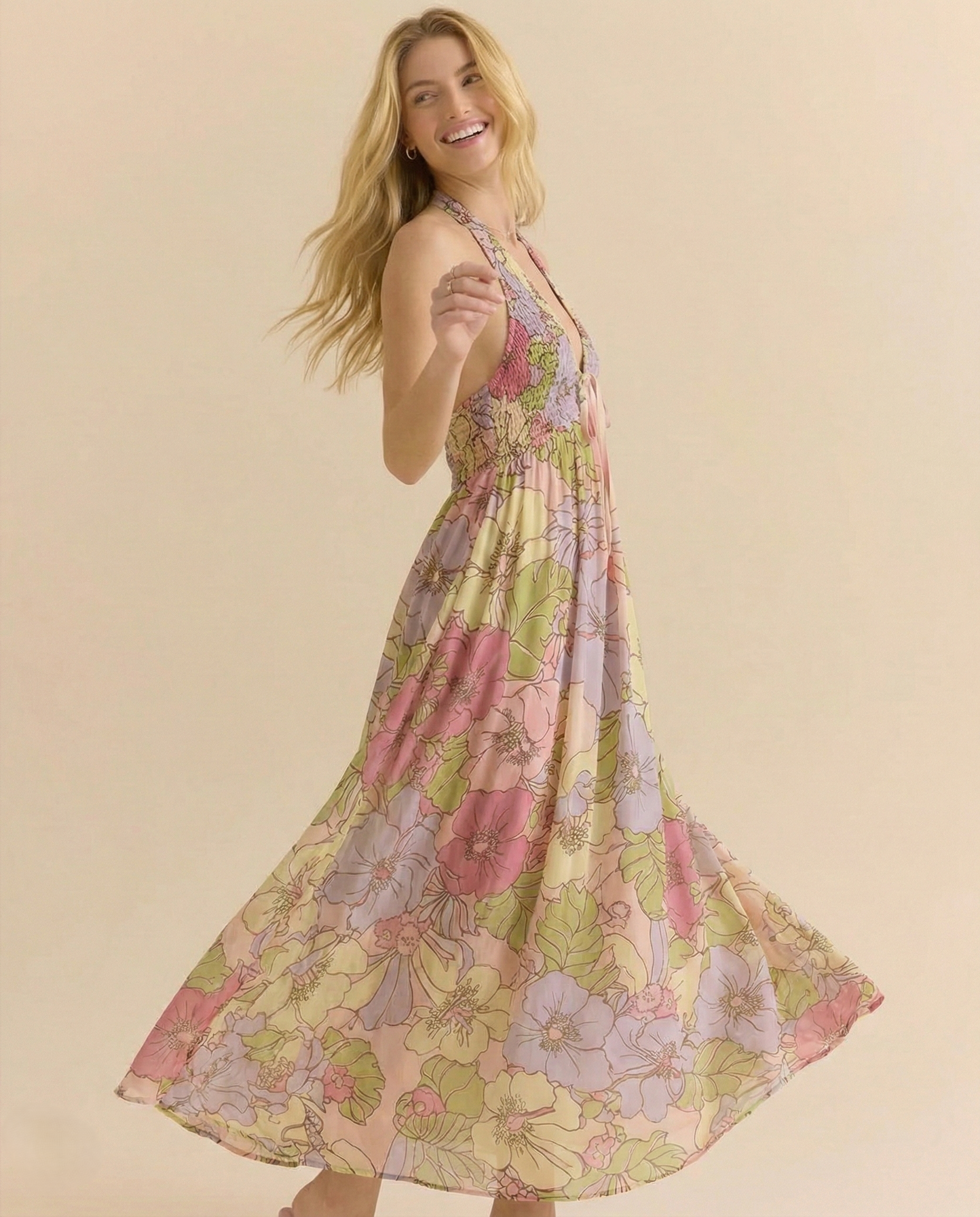 Floral Halter Maxi Dress for Women - Lightweight Beachwear - Summer Casual Style - Perfect for Vacation and Outdoor Events