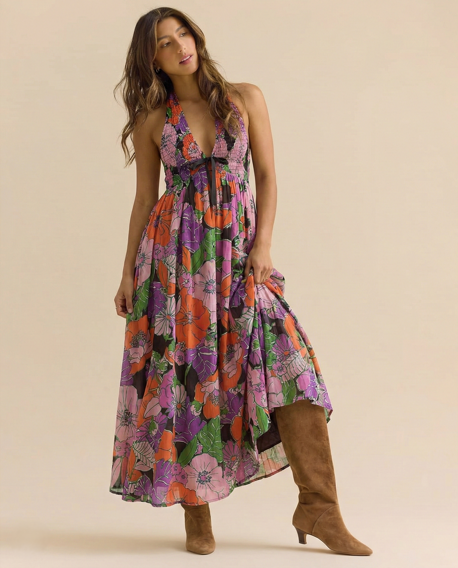 Floral Halter Maxi Dress for Women - Lightweight Beachwear - Summer Casual Style - Perfect for Vacation and Outdoor Events
