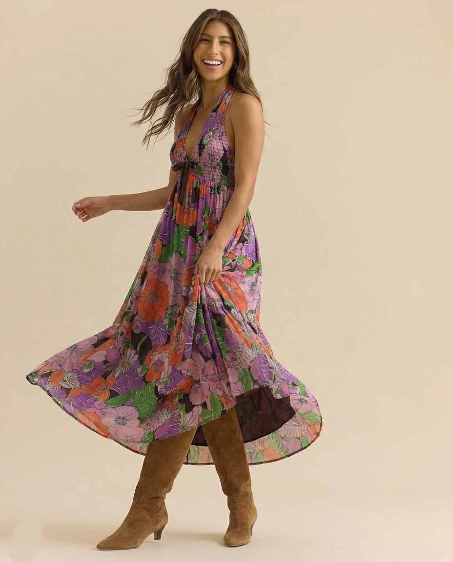 Floral Halter Maxi Dress for Women - Lightweight Beachwear - Summer Casual Style - Perfect for Vacation and Outdoor Events