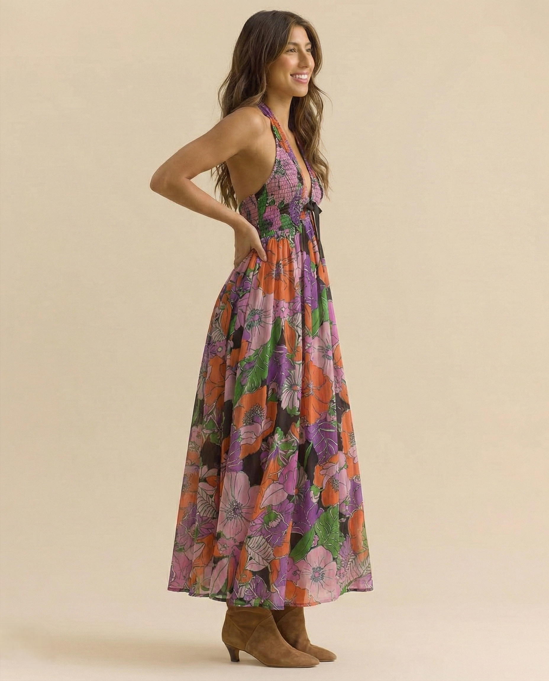 Floral Halter Maxi Dress for Women - Lightweight Beachwear - Summer Casual Style - Perfect for Vacation and Outdoor Events