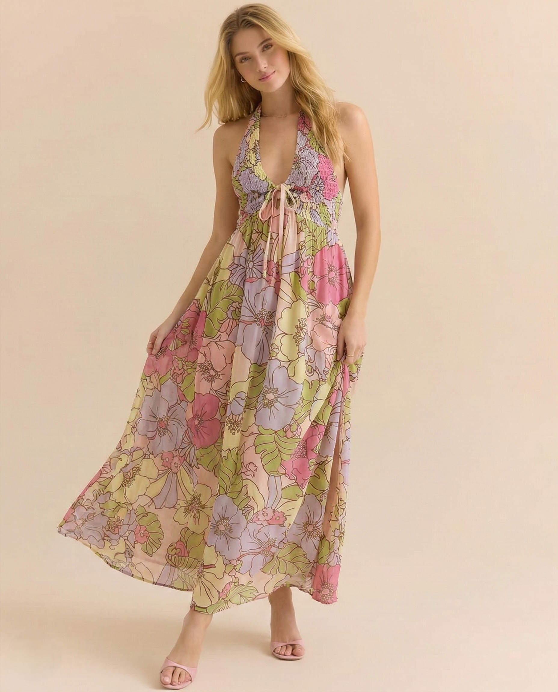 Floral Halter Maxi Dress for Women - Lightweight Beachwear - Summer Casual Style - Perfect for Vacation and Outdoor Events