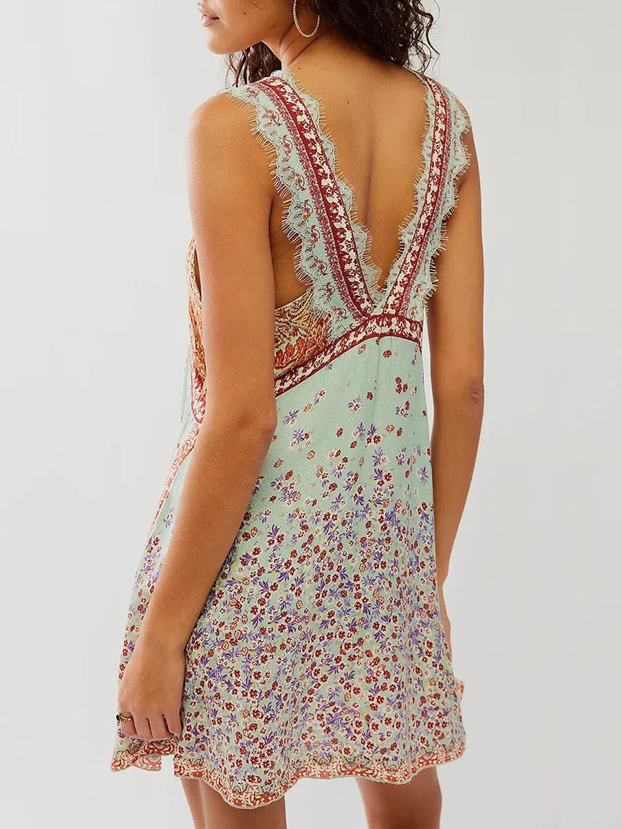 Floral Mini Dress with Lace Trim - Lightweight Summer Dress for Casual Outings and Events