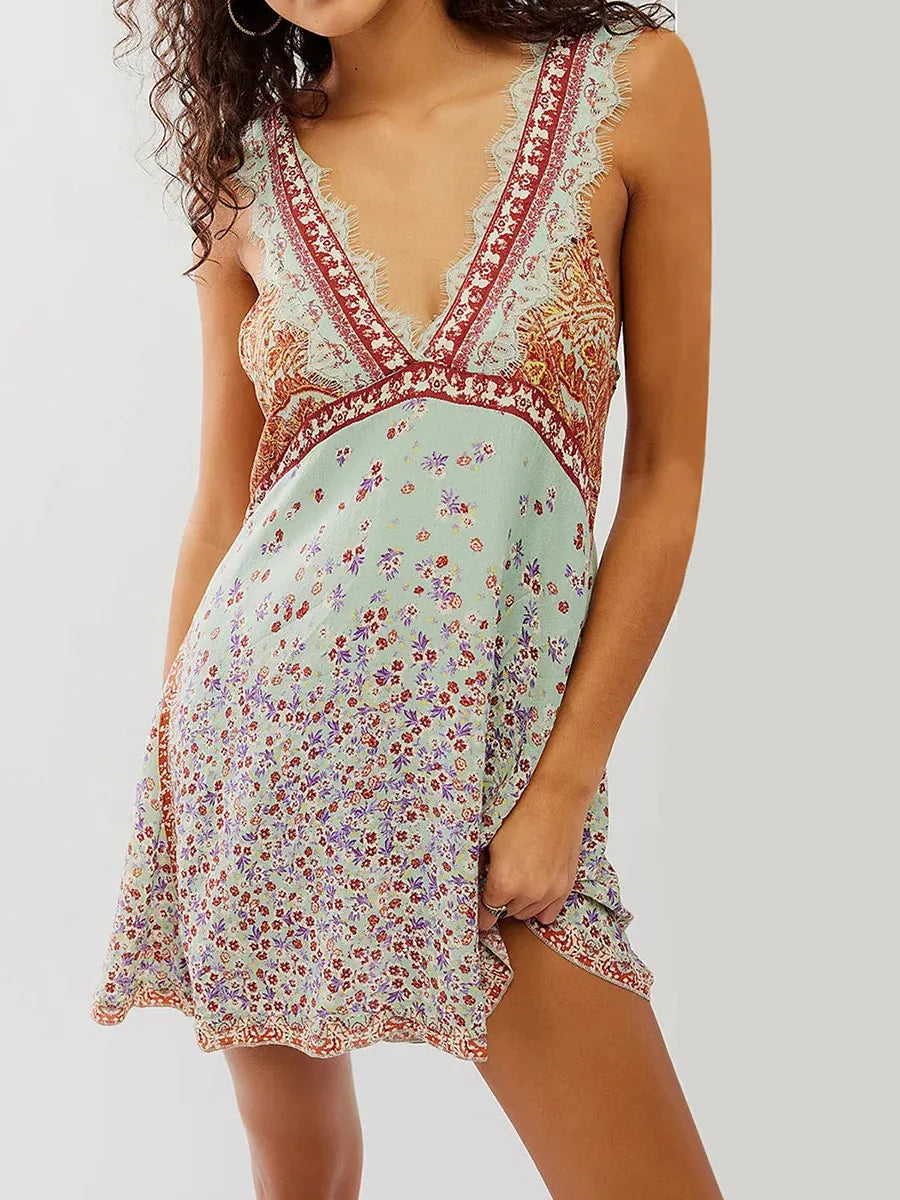 Floral Mini Dress with Lace Trim - Lightweight Summer Dress for Casual Outings and Events