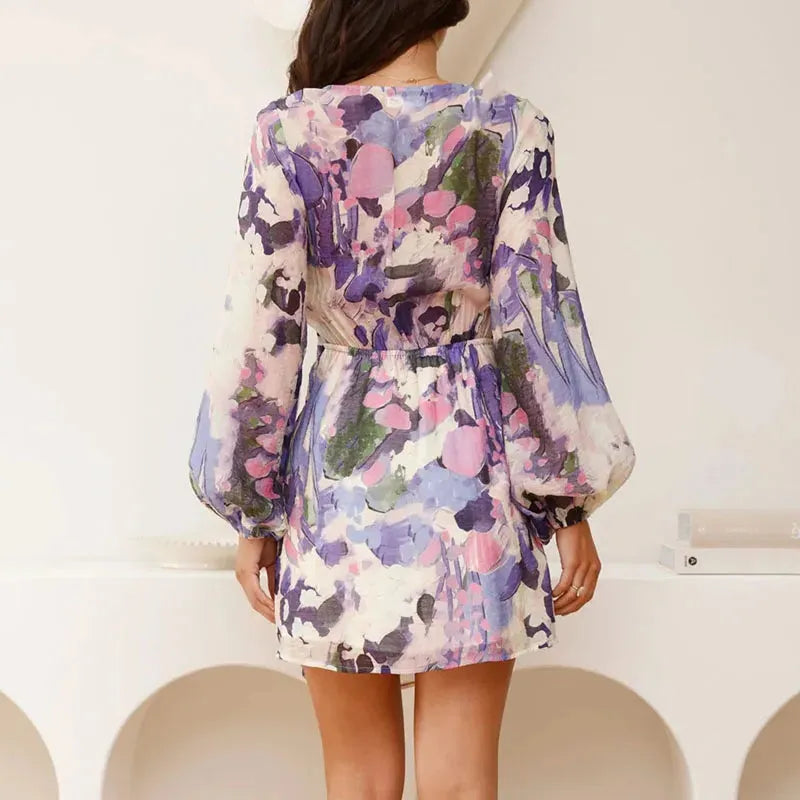 Floral Print Long Sleeve Wrap Mini Dress for Women - Lightweight, Casual Summer Fashion