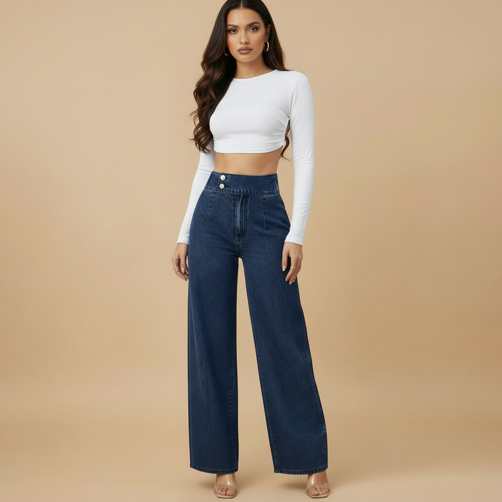 High Rise Wide Leg Denim Jeans for Women - Comfortable Casual Fit for Everyday Wear