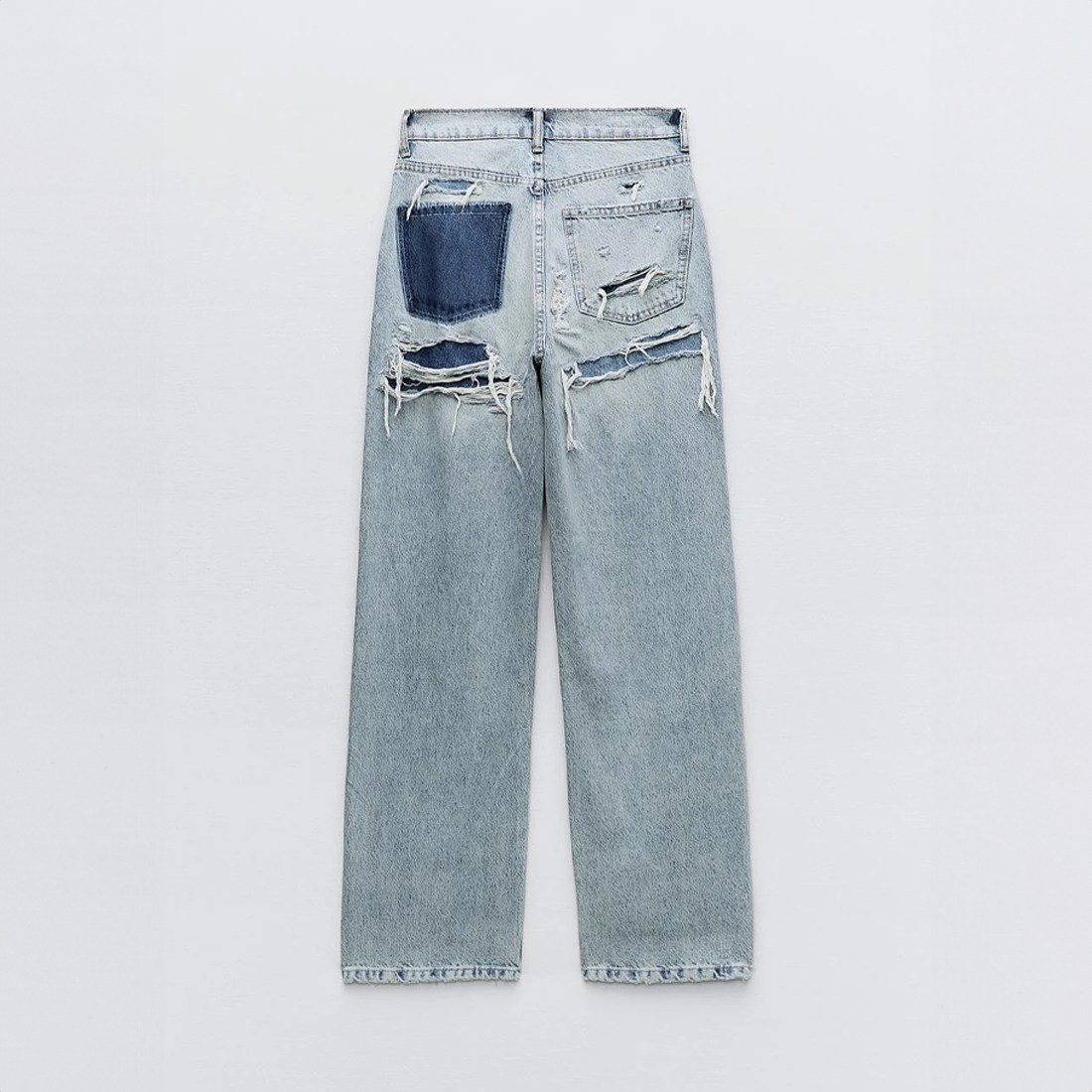 High-Waisted Straight Leg Jeans with Patchwork and Distressed Effect for Women
