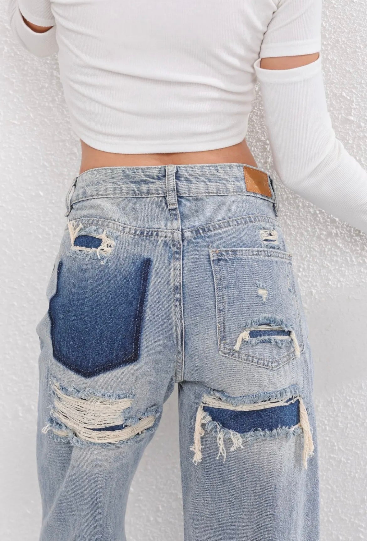 High-Waisted Straight Leg Jeans with Patchwork and Distressed Effect for Women