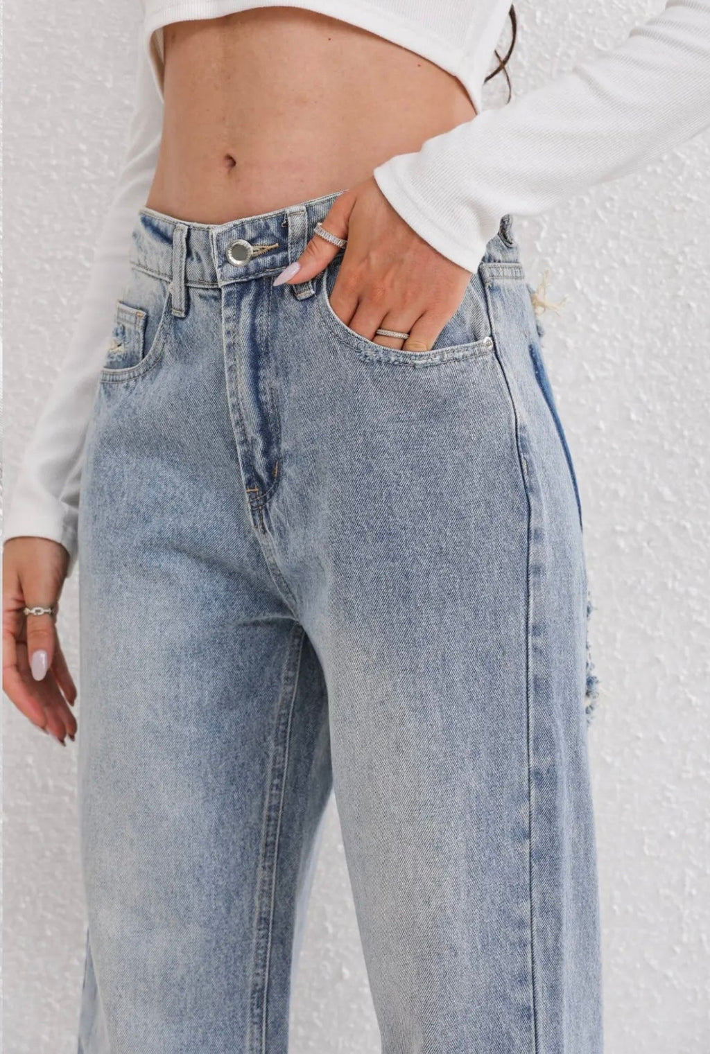 High-Waisted Straight Leg Jeans with Patchwork and Distressed Effect for Women