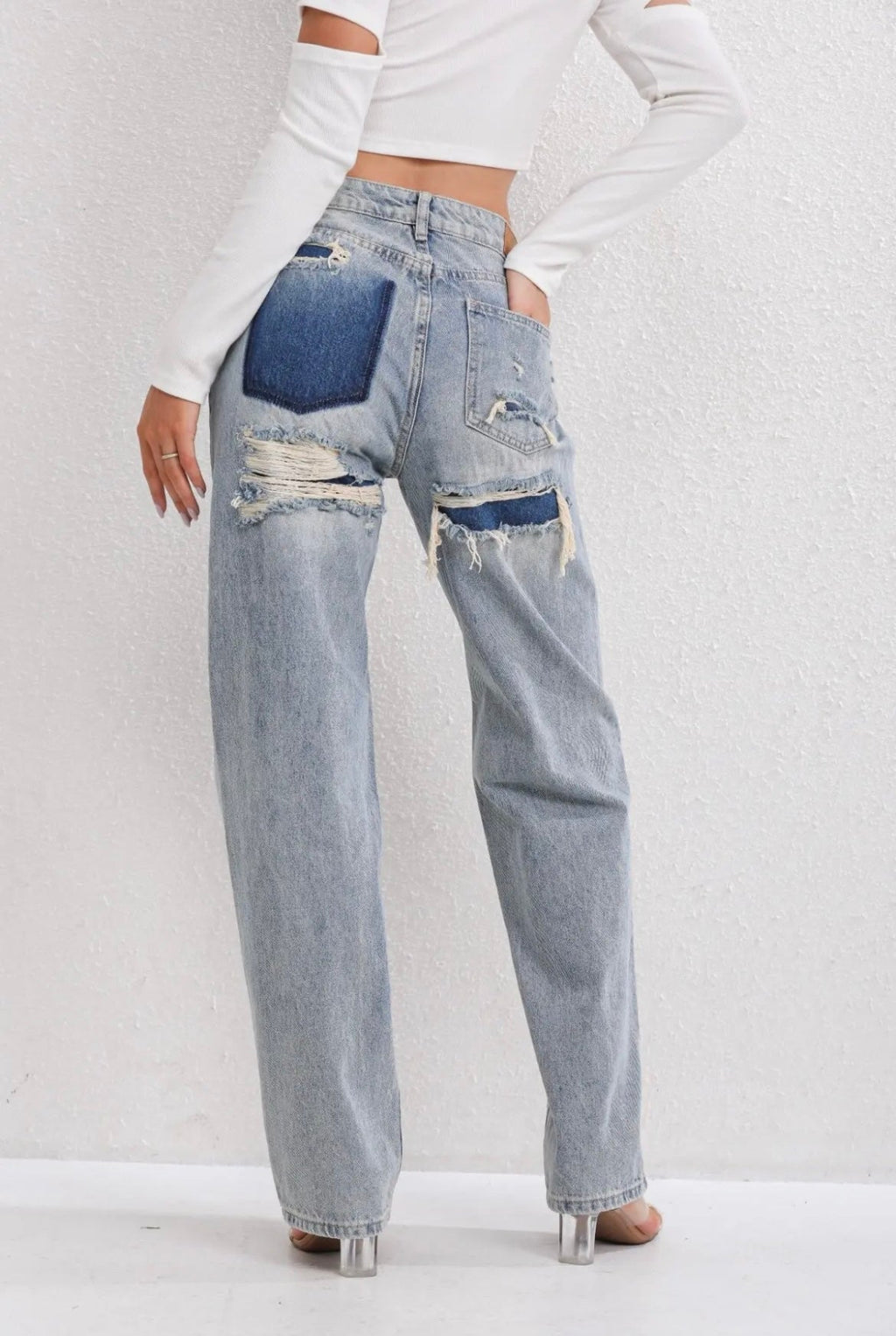 High-Waisted Straight Leg Jeans with Patchwork and Distressed Effect for Women