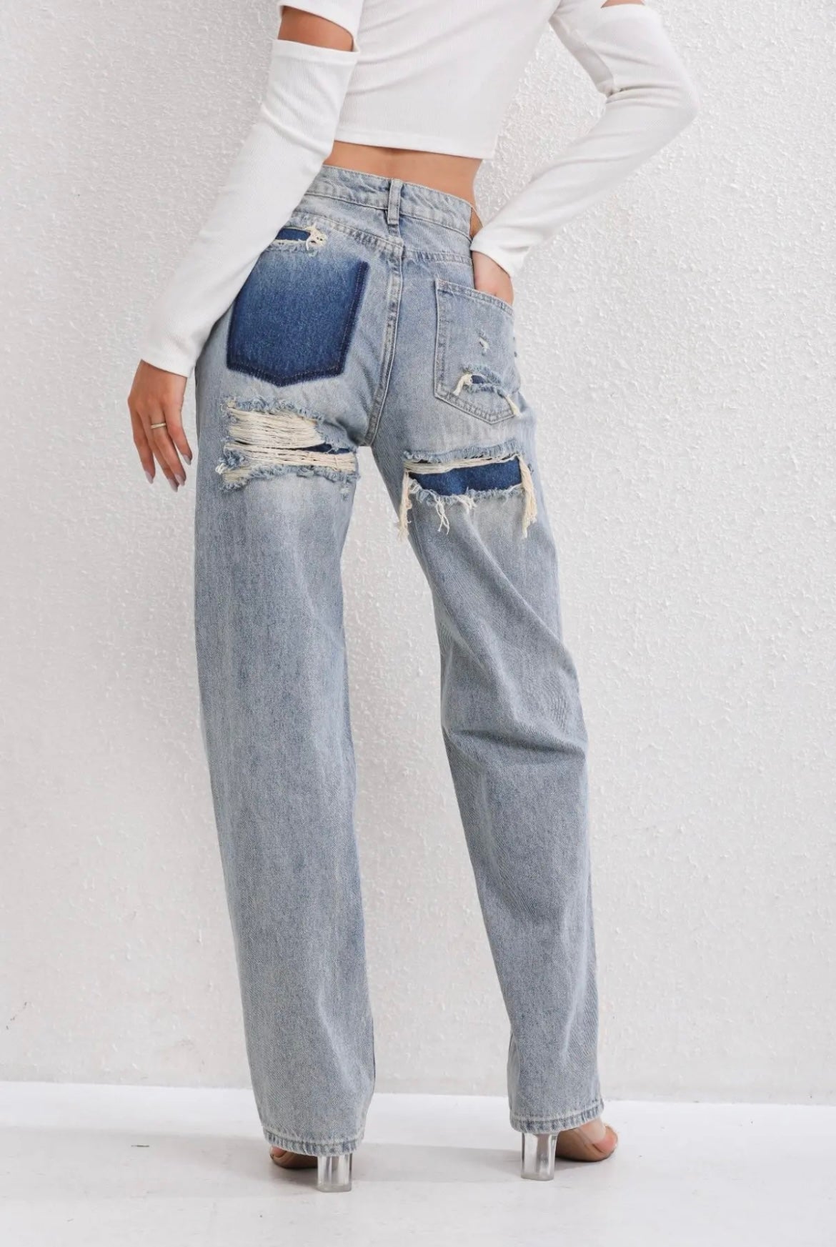 High-Waisted Straight Leg Jeans with Patchwork and Distressed Effect for Women