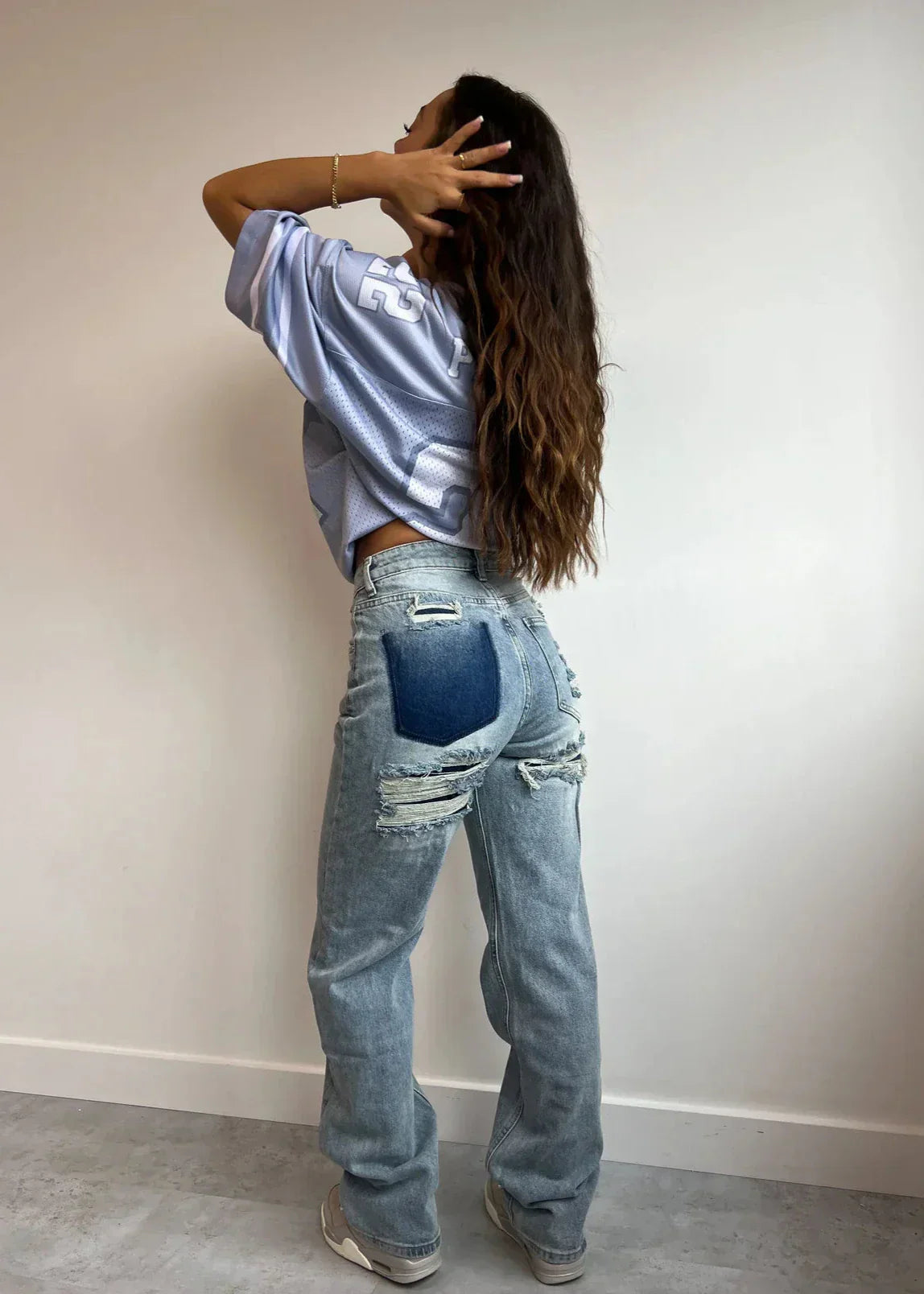 High-Waisted Straight Leg Jeans with Patchwork and Distressed Effect for Women