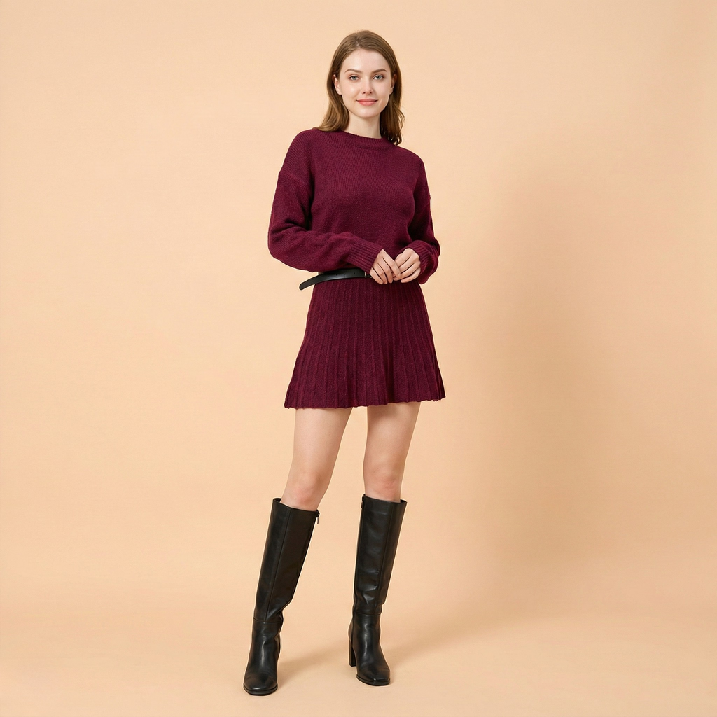 Knit Pullover and Mini Skirt Set for Women - Round Neck Design, Casual Style, Comfortable Fabric, Perfect for Everyday Wear