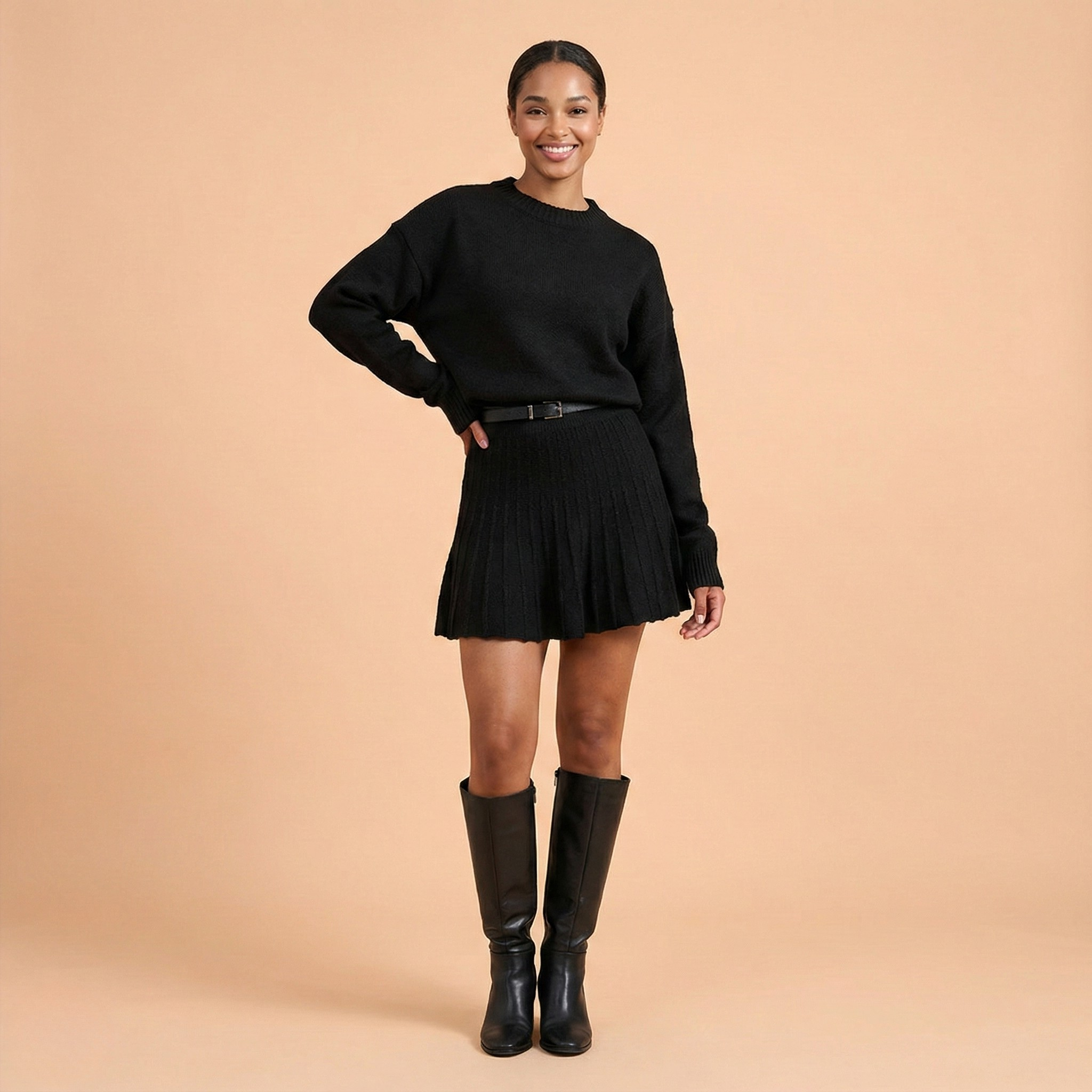 Knit Pullover and Mini Skirt Set for Women - Round Neck Design, Casual Style, Comfortable Fabric, Perfect for Everyday Wear