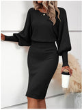 Lantern Sleeve Knit Sweater Dress for Women - Cozy Casual Fall Fashion