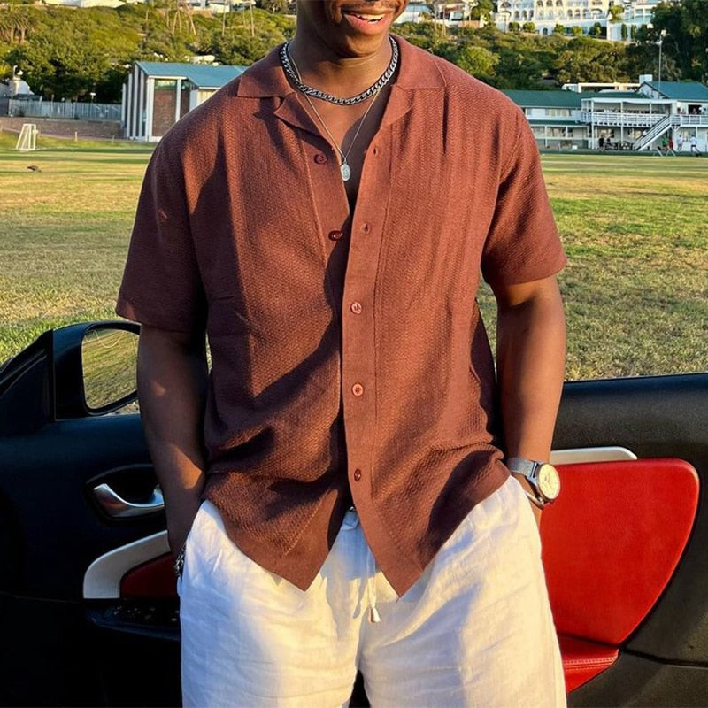 Men's Casual Button-Up Shirt - Lightweight Cotton Blend - Everyday Wear - Short Sleeve - Various Colors Available