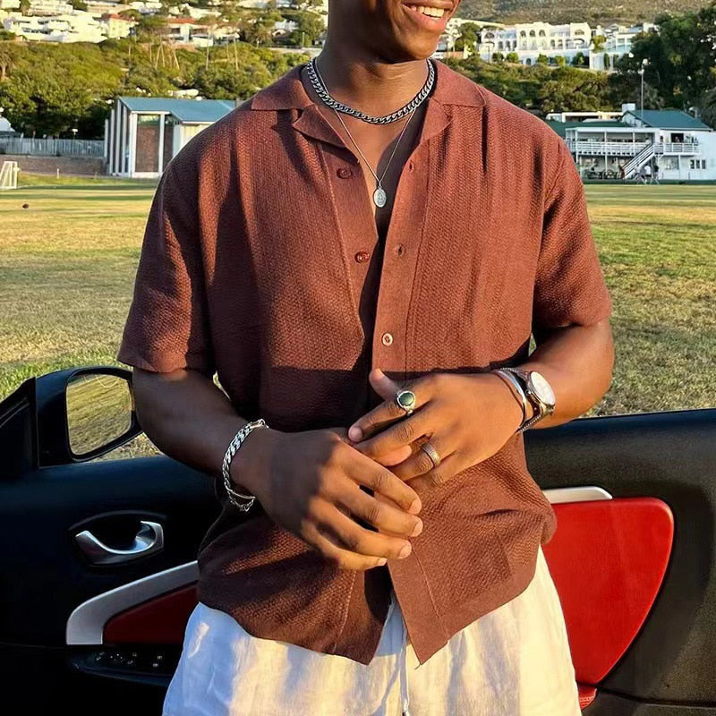 Men's Casual Button-Up Shirt - Lightweight Cotton Blend - Everyday Wear - Short Sleeve - Various Colors Available