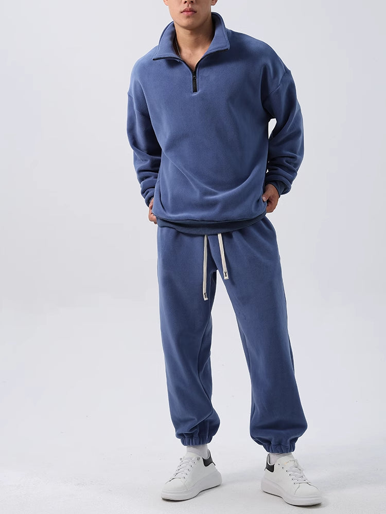 Men's Fleece Training Suit with Stand-Up Collar for Gym, Sports, and Outdoor Activities