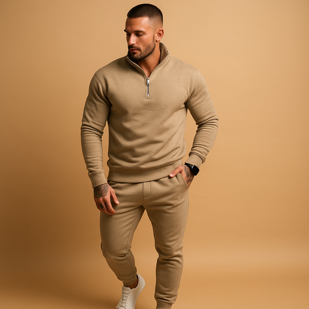Men's Half-Zip Fleece Sweatshirt and Jogging Pants Set for Casual Wear and Athleisure, Comfortable and Stylish Outfit