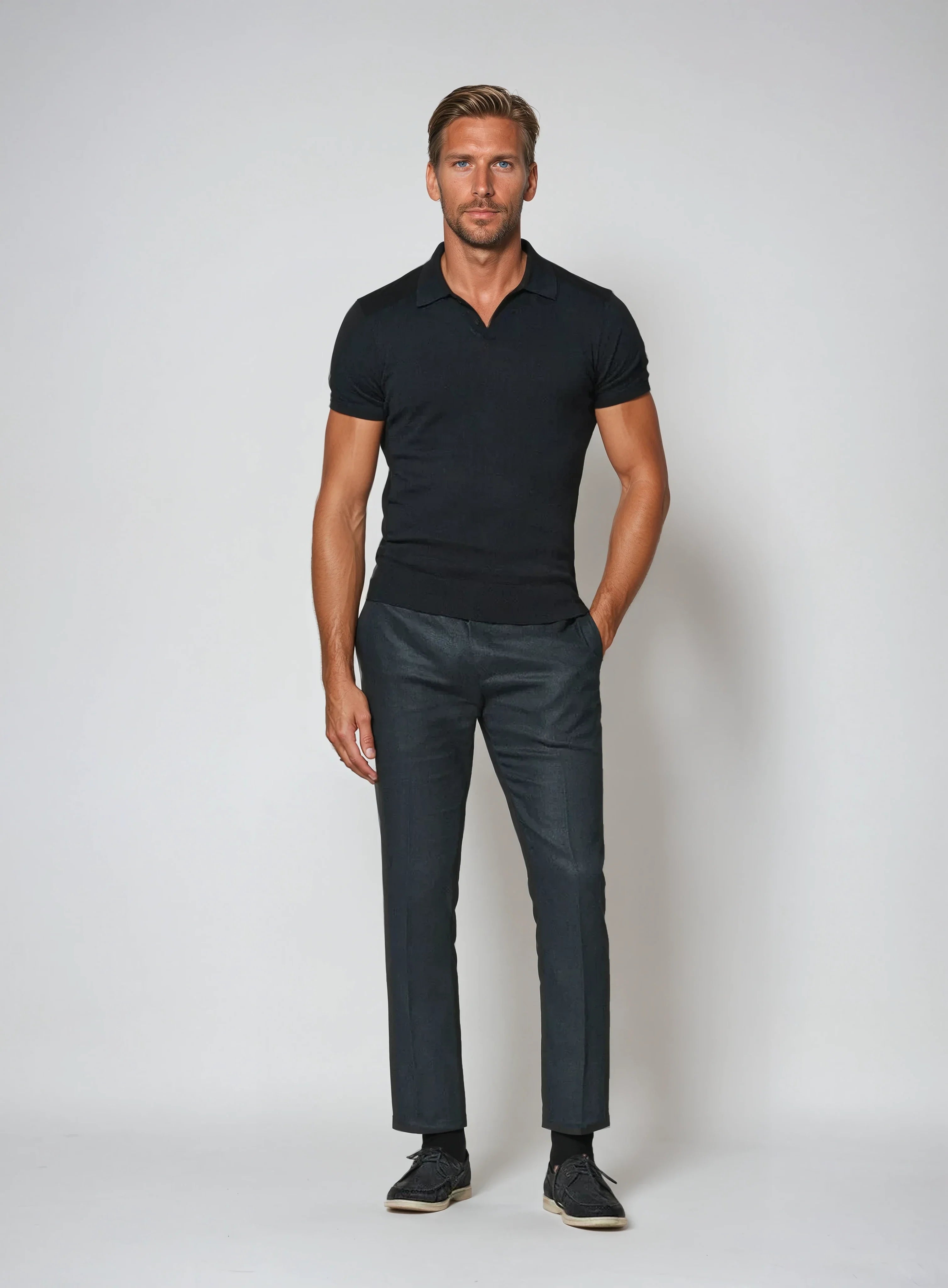 Men's Knitted Polo Shirt - Buttonless Design for Everyday Comfort and Casual Wear