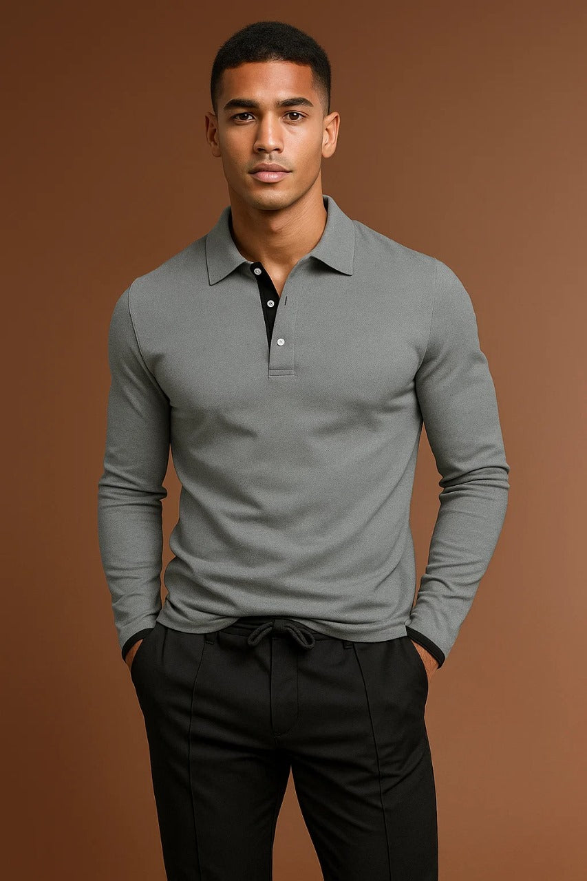 Men's Long Sleeve Cotton Polo Shirt for Casual and Business Wear - Classic Fit, Multiple Colors Available